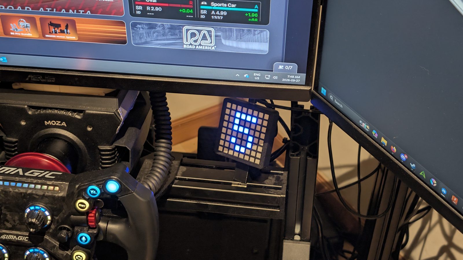 The Flag Dash panel mounted on a sim rig, showing the current gear