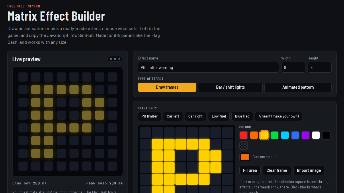 The Matrix Effect Builder: a lit 8 by 8 panel preview next to the pixel editor